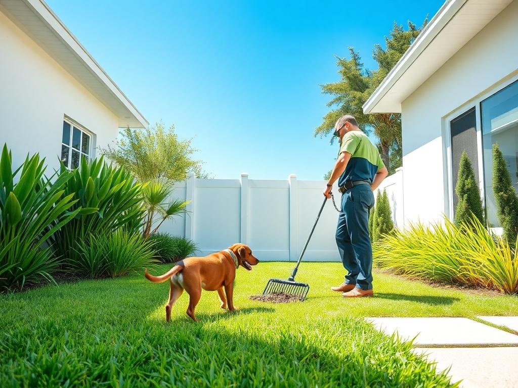 A clean, well-maintained backyard with a technician in uniform scooping dog waste, surrounded by lush green grass and a blue sky in the background. The setting should feel inviting and fresh, emphasizing cleanliness and professionalism.