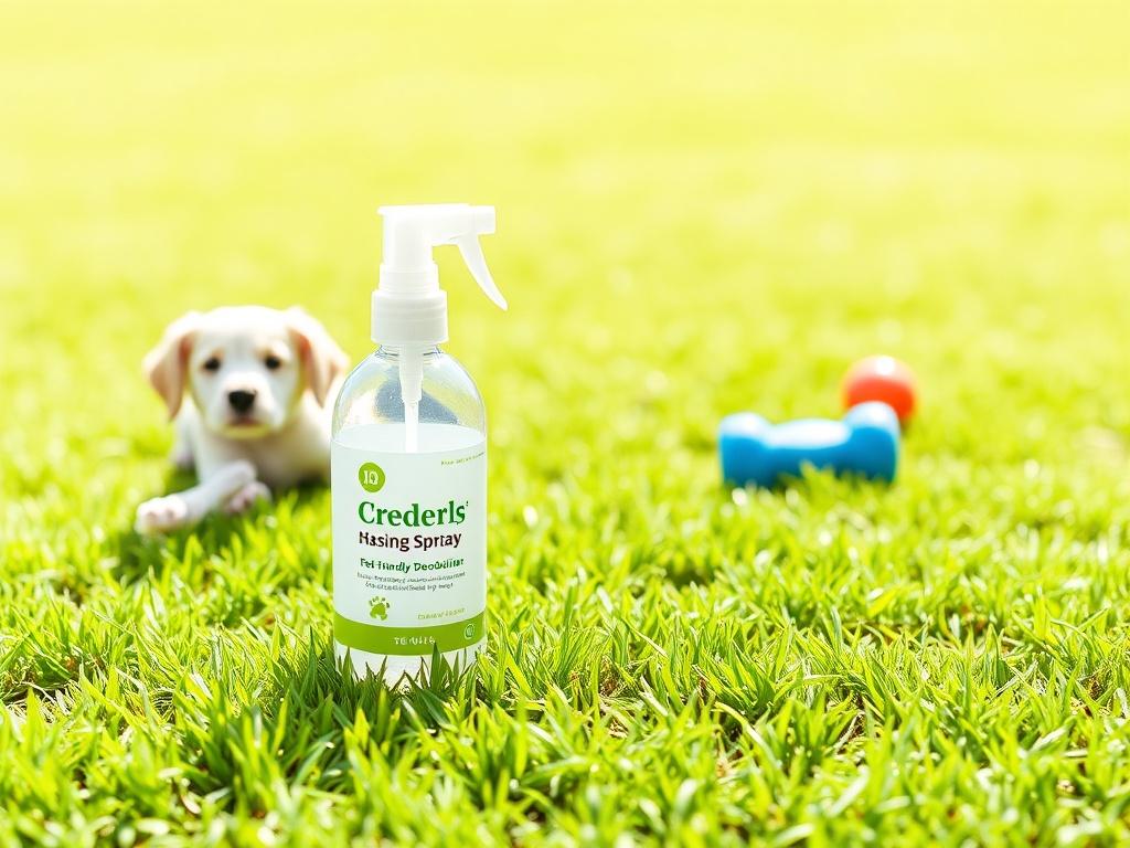 A bottle of eco-friendly deodorizer spray on a clean, green lawn with pet toys in the background. The scene should look fresh and inviting, emphasizing cleanliness and the effectiveness of the deodorizer.
