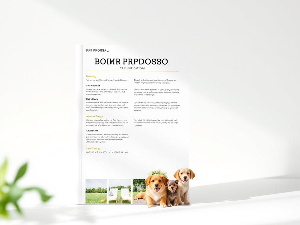 A professional-looking proposal document featuring a clean layout and clear headings. The background should be subtle and bright, emphasizing professionalism. Include images of clean outdoor spaces and happy pets to convey the positive impact of the service. The proposal should appear neat and organized, reflecting trust and reliability.