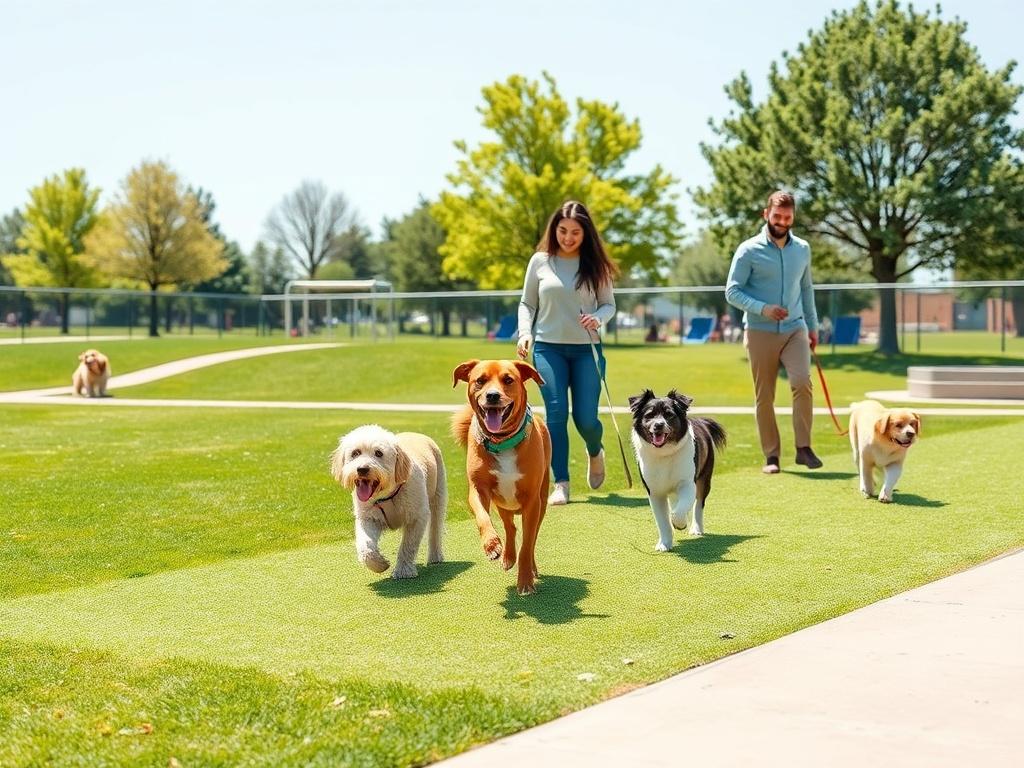 A clean, well-maintained dog park with no waste visible, showcasing happy dogs playing with their owners. The setting is bright and sunny with green grass and trees in the background. The park should appear inviting and well-cared for, with a clear blue sky and a modern aesthetic that conveys cleanliness and professionalism.