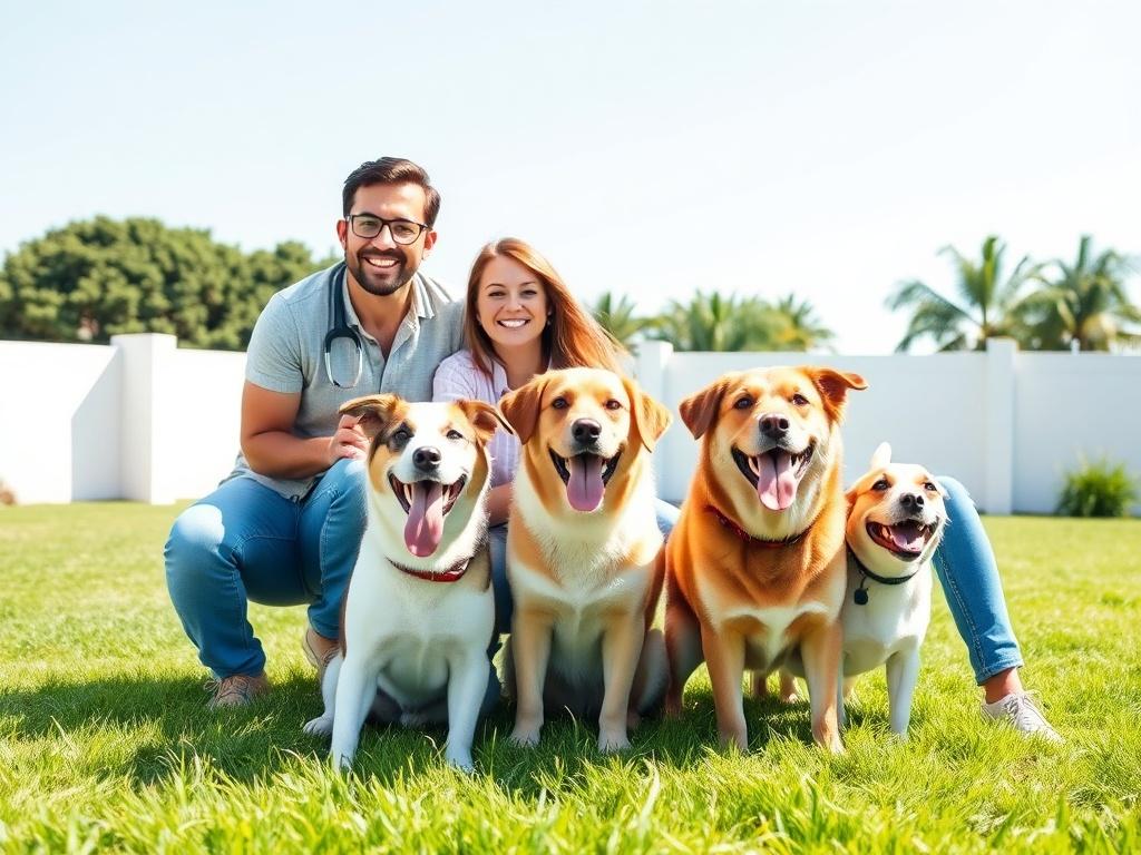 A vibrant outdoor scene featuring two smiling people with three happy dogs. The setting is a clean, green yard under a clear blue sky, capturing a joyful moment of playfulness. The two individuals are casually dressed, enjoying the company of their dogs, which are a mix of breeds, showcasing their happiness and energy. The background includes lush grass and a few trees, contributing to a bright, modern aesthetic that conveys trust and warmth.