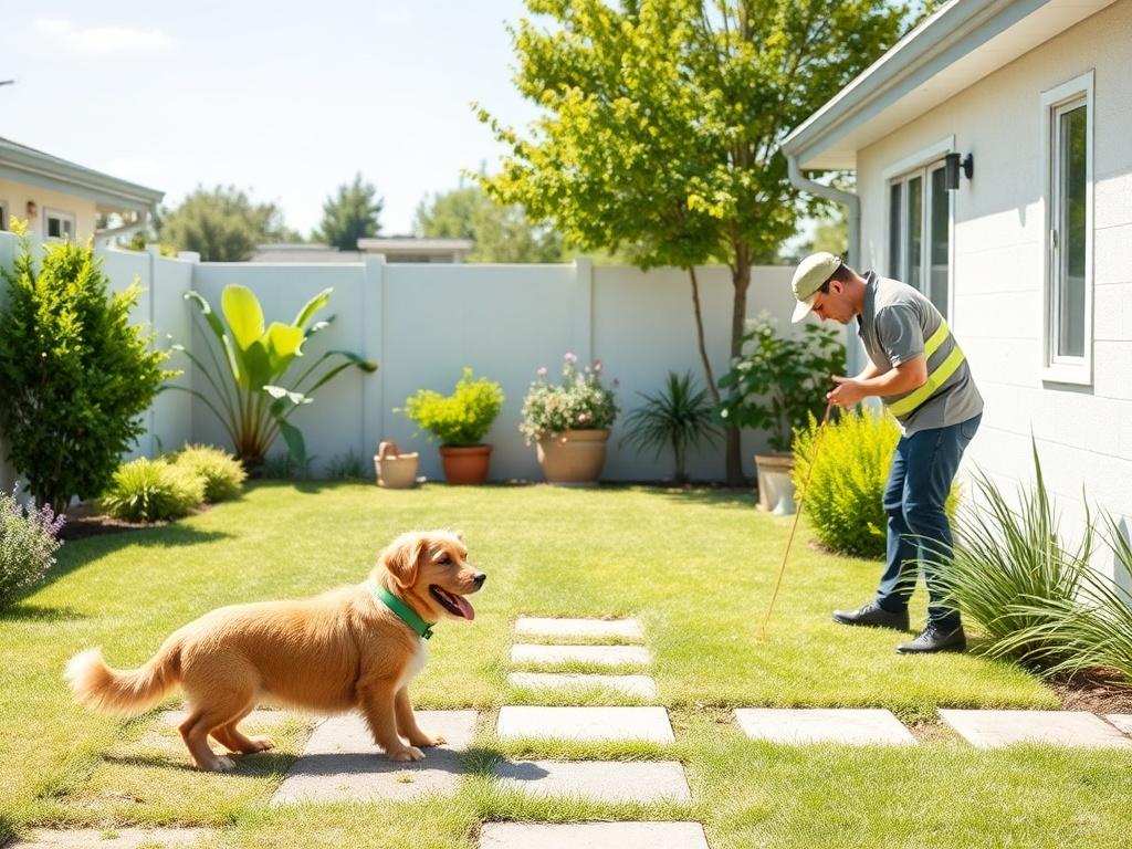 A well-kept yard with a dog playing and a technician applying deodorizer. The scene should showcase a sunny day with vibrant greenery, emphasizing a clean and enjoyable outdoor setting. The technician should be shown in action, demonstrating the service being performed.