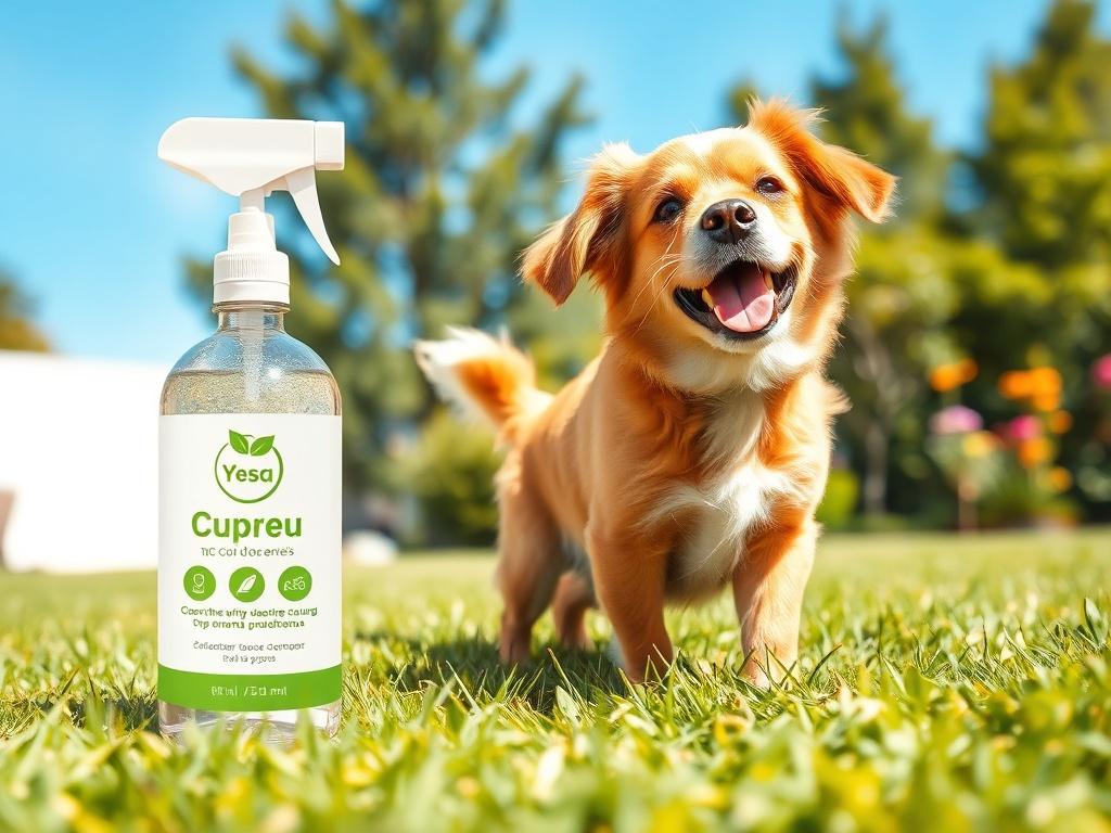 A bright, clean backyard scene featuring a dog playing on the grass, with a bottle of eco-friendly deodorizer prominently displayed. The background should be a clear blue sky and green trees, with a focus on the vibrant colors of the grass and flowers, conveying a fresh and inviting atmosphere.