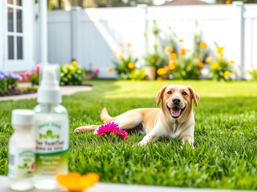 A serene backyard with a happy dog lying on freshly mowed grass, surrounded by colorful flowers. In the foreground, a natural, eco-friendly deodorizer bottle is visible. The scene should be bright and inviting, capturing the essence of a clean, healthy outdoor environment.