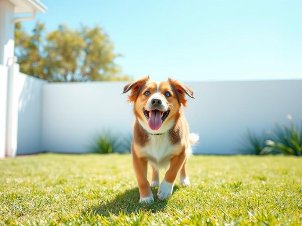 A clean, green yard with a happy dog playing, showcasing a pristine environment. The background is bright and sunny, with vibrant grass and a clear blue sky. The composition should focus on the joyful interaction between the dog and the clean space, emphasizing the importance of a sanitary area for pets. The lighting should be bright and professional, highlighting the cleanliness and joy of the scene.