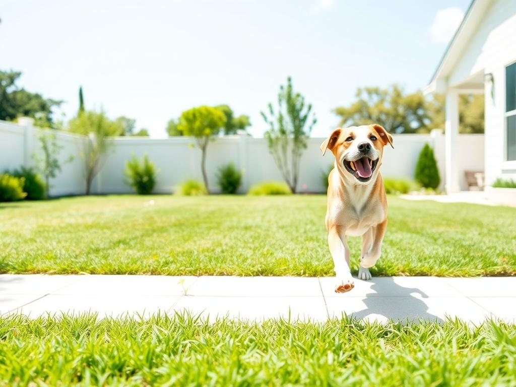 A clean, well-maintained backyard with a happy dog playing. The scene is sunny and bright, showcasing a spacious lawn with vibrant green grass. In the background, there are trees and a clear blue sky, conveying a sense of tranquility and safety. The focus is on the joyful dog, symbolizing a clean and safe environment, with no visible dog waste in sight.