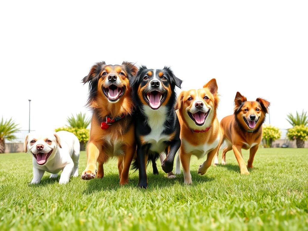 A bright, modern aesthetic image of 4 dogs playing joyfully in a clean, green yard. The dogs should be of various breeds, showcasing their playful nature. The background should be a vibrant, sunny day with a clear blue sky, emphasizing the happiness and liveliness of the scene. The yard should appear well-maintained, clean, and inviting, with subtle light green accents in the landscape to reflect a fresh and professional environment.