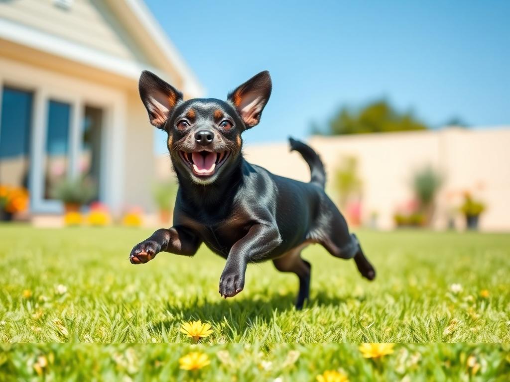 A happy black chiweenie playing in a clean, sunny backyard. The dog is mid-action, joyfully jumping or running with a bright expression. The background features a well-kept lawn with a few colorful flowers and a clear blue sky, conveying a sense of cleanliness and joy. The composition focuses solely on the chiweenie, capturing its playful spirit in a vibrant, inviting environment.