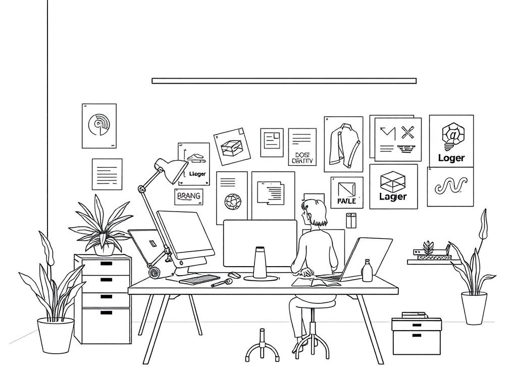 Create a high-quality illustration depicting a creative agency's workspace. The composition should include a designer at a desk working on a logo, surrounded by sketches and branding materials. The background should be minimalistic, emphasizing a clean and modern aesthetic with crisp black line drawings. Ensure the color palette is primarily in shades compatible with rgb(2, 86, 197), capturing the essence of creativity and professionalism.