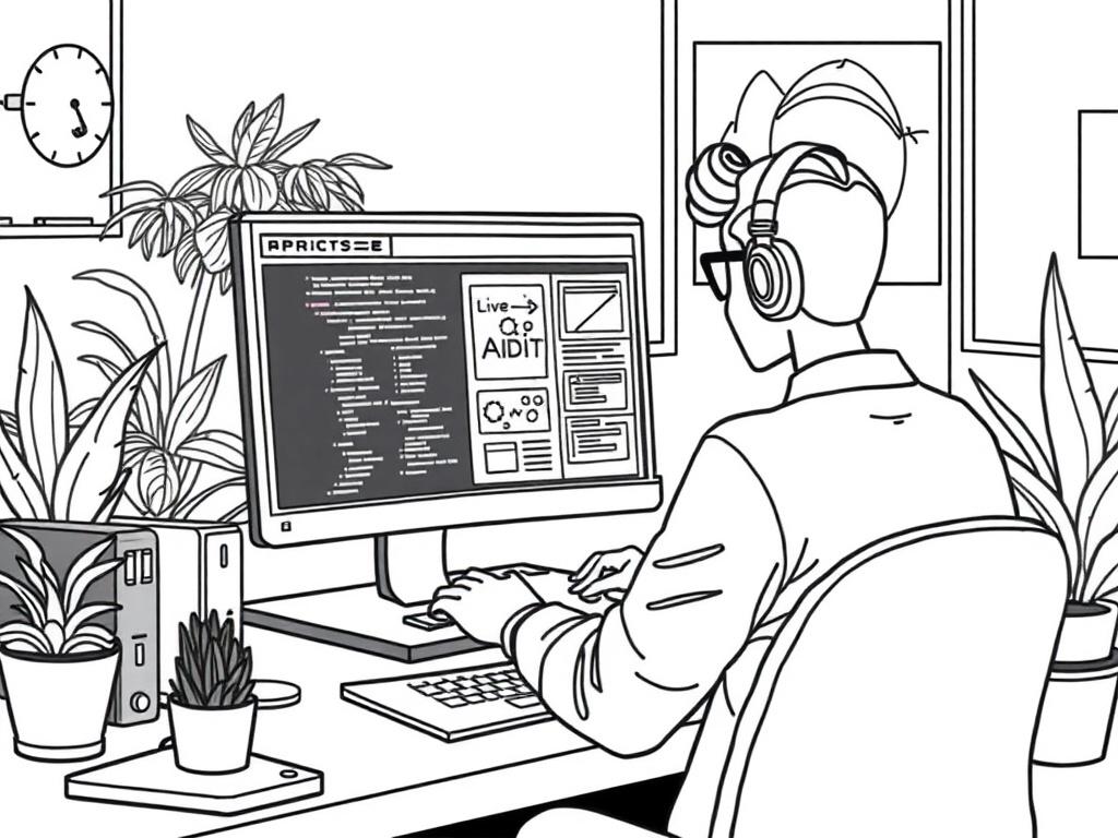 Create a high-quality illustration of a web developer working on a computer in a modern office environment. The developer is focused on coding a website, with visuals of website elements like buttons and graphics on the screen. The background features a sleek, minimalist design with plants and tech gadgets, emphasizing a clean and professional atmosphere. Use crisp, solid black line drawing style, compatible with the RGB color (2, 86, 197).