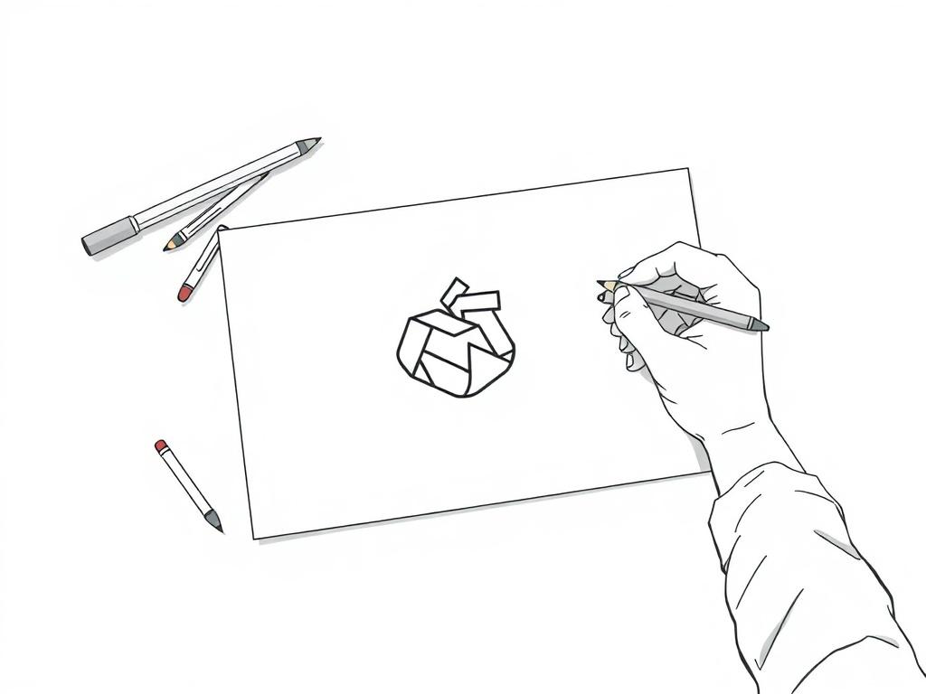 Create a high-quality illustration of a logo design process. The composition should feature a designer sketching a unique logo on a clean white sheet of paper, with design tools like pencils and markers scattered around. The background should be simple and uncluttered, emphasizing the creative work in progress. The logo being sketched should be abstract yet meaningful, symbolizing innovation and professionalism, with crisp black line drawing style.