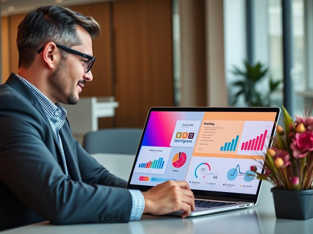 A close-up shot of a confident business consultant discussing branding strategies with a client in a modern office space. The consultant is showing a vibrant presentation on a laptop, with engaging visuals and charts. The background is minimalistic, highlighting a sleek design aesthetic. The image should convey professionalism, collaboration, and creativity, with a color palette that incorporates the primary color rgb(251, 209, 52) for a bold touch.