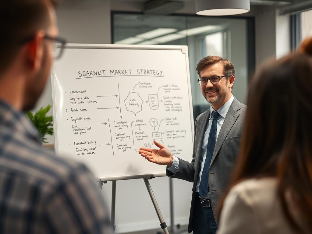 A close-up shot of a confident entrepreneur presenting their market strategy on a whiteboard to an attentive audience in a professional office setting. The whiteboard features diagrams and notes highlighting key strategies for gaining market authority. The environment is dynamic and inspiring, promoting an atmosphere of ambition and success. The primary color rgb(251, 209, 52) is subtly integrated into the presentation materials.