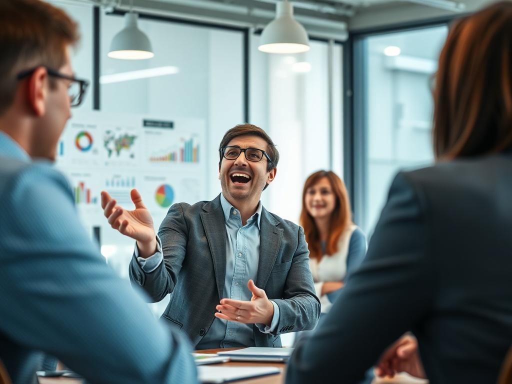 A close-up shot of a business professional enthusiastically discussing customer engagement strategies with a small group in a bright, modern meeting room. The room is filled with charts and visuals that emphasize customer interaction. The atmosphere is vibrant and collaborative, reflecting a productive brainstorming session. The color scheme incorporates the primary color rgb(251, 209, 52) to enhance the sense of creativity and innovation.