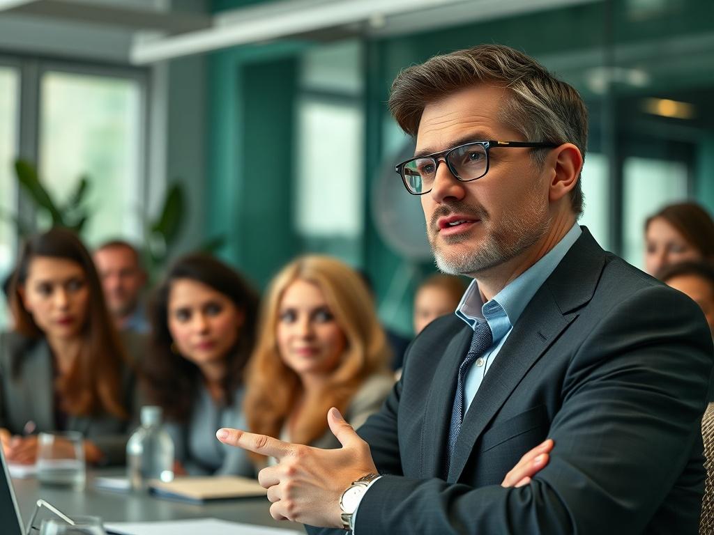 A close up shot of a confident business leader presenting