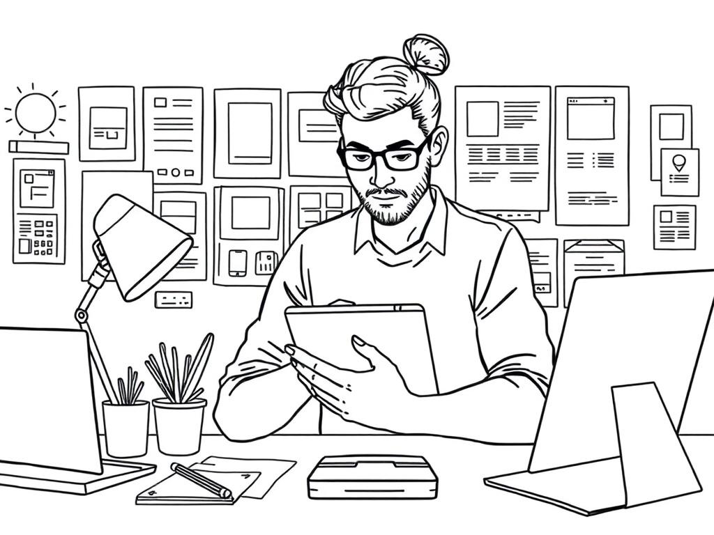 A clean and modern workspace showcasing a designer working on a digital tablet with app wireframes and UI elements displayed around. The designer is focused and appears creative, with a background of design tools and inspiration boards. The color scheme should incorporate shades of blue to reflect innovation and trust.