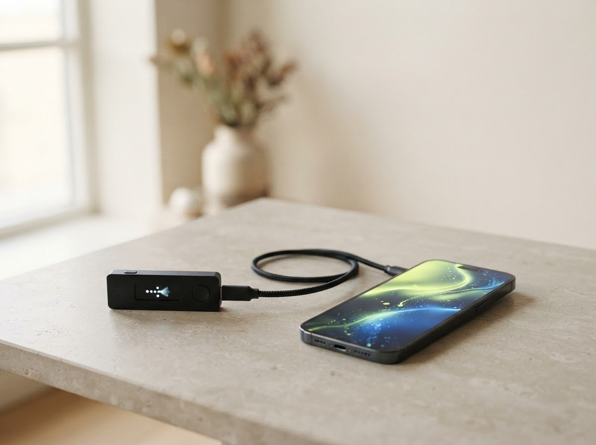 A hardware wallet and phone ready for secure setup