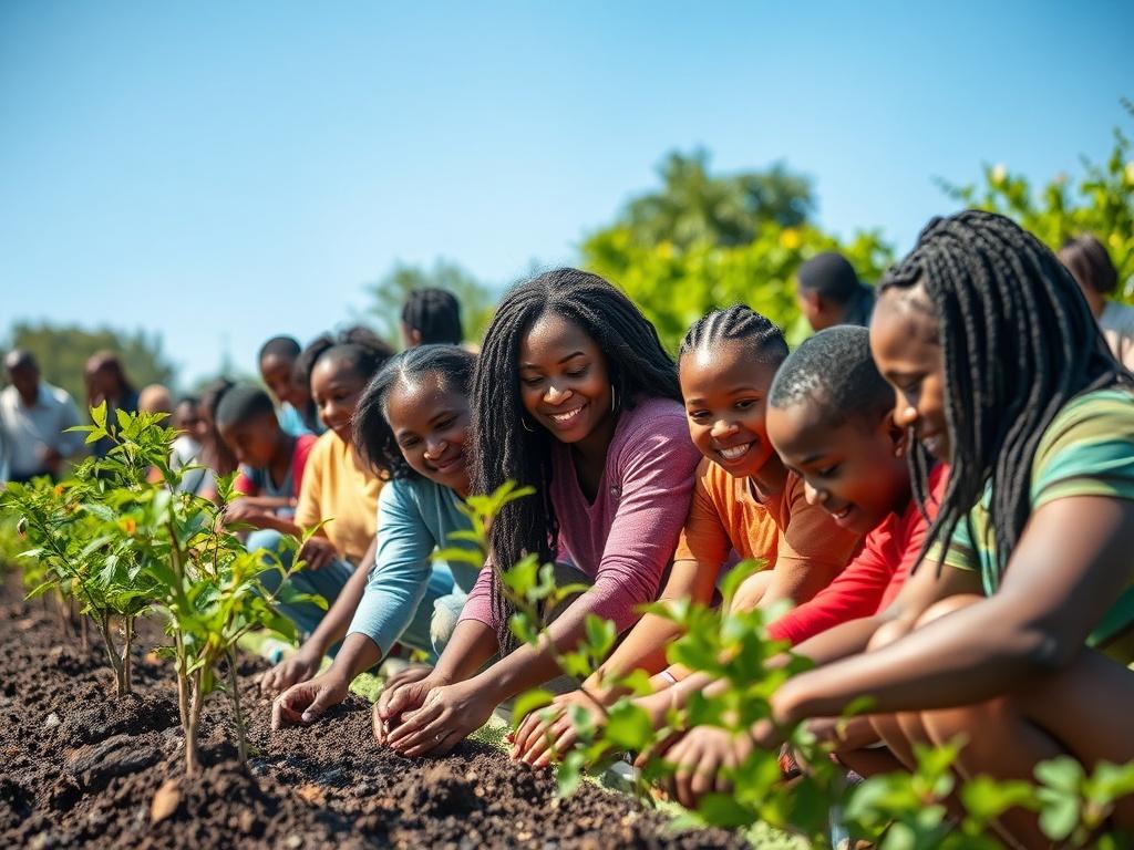 A vibrant community event showcasing a diverse group of people engaged in activities like planting trees and participating in workshops. The scene should capture a sense of togetherness and hope, with participants smiling and working collaboratively. The background should feature greenery and a clear blue sky, suggesting a positive environment. The image should convey the spirit of community involvement and resilience, aligning with the primary color rgb(77, 180, 220).