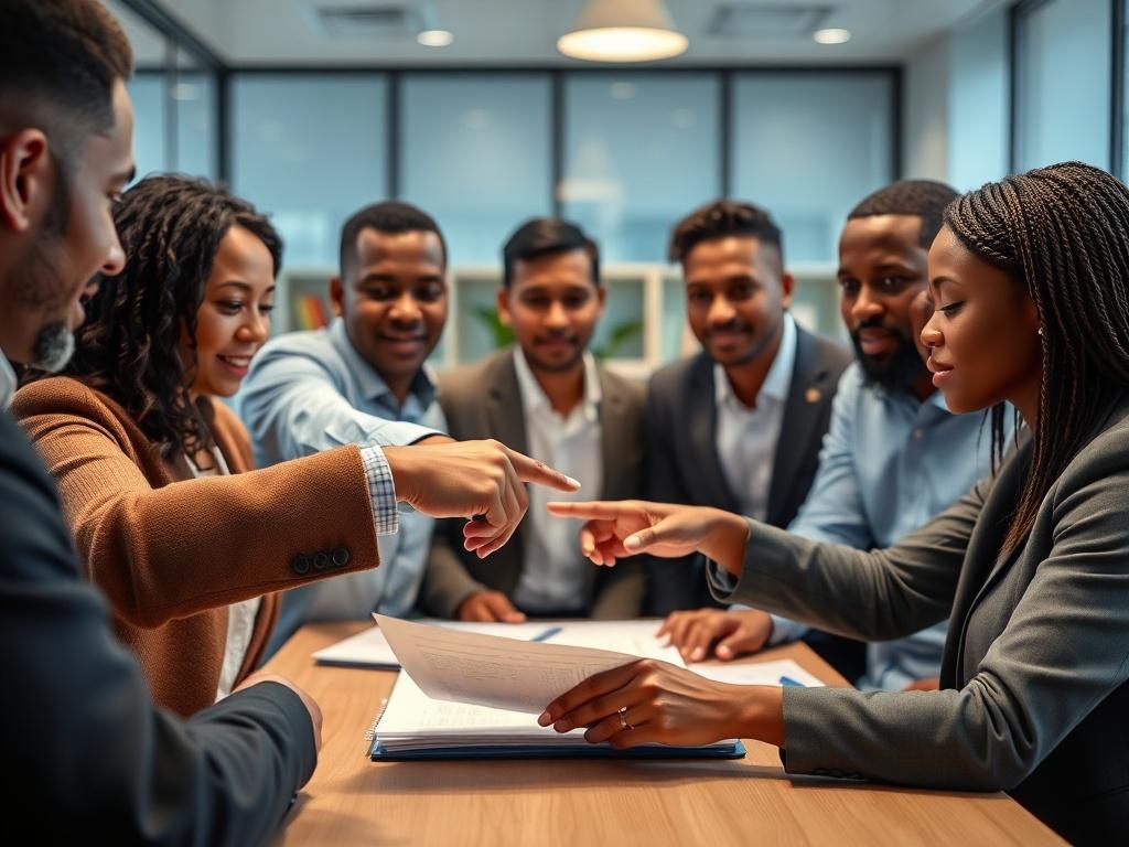 A close-up shot of a diverse group of people discussing a legal document in a bright, professional office setting. The focus is on their hands pointing to the document, symbolizing collaboration and justice. The background is softly blurred to emphasize the subjects, with warm lighting creating an inviting atmosphere. The image should evoke feelings of trust and community engagement, compatible with the primary color rgb(77, 180, 220).