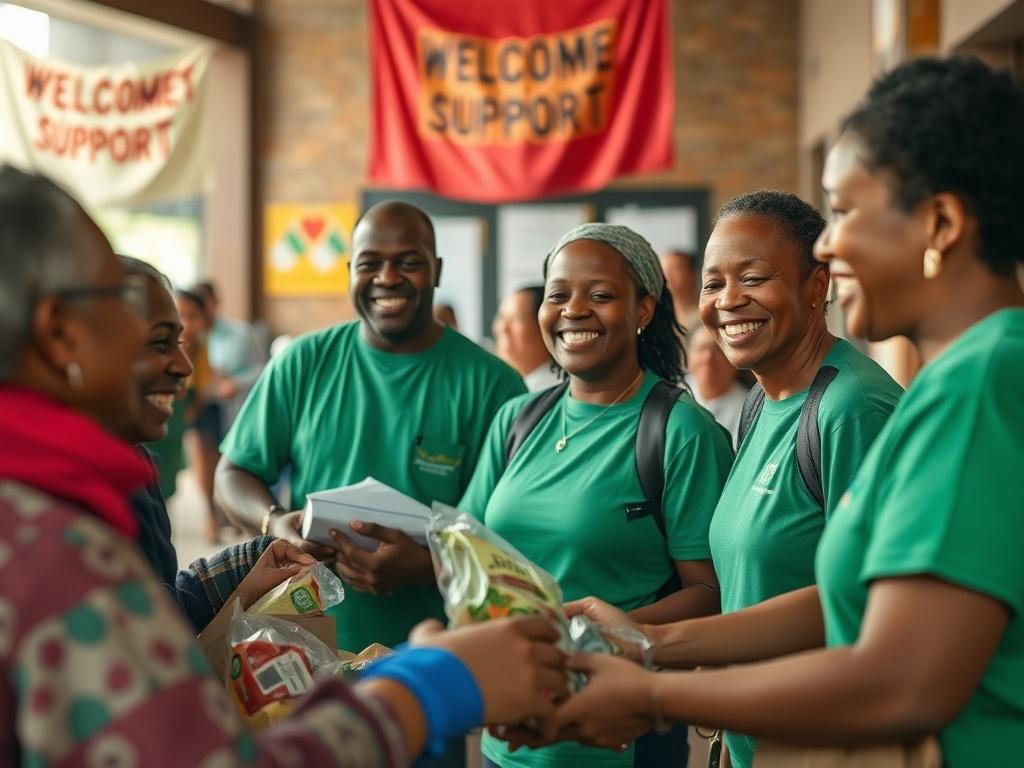 An impactful scene showing a community center, with volunteers distributing food and supplies to local residents. The focus is on the interactions between volunteers and recipients, highlighting the joy and gratitude in their expressions. The background should depict a welcoming environment with banners promoting community support. The image should reflect compassion and cooperation, resonating with the primary color rgb(77, 180, 220).