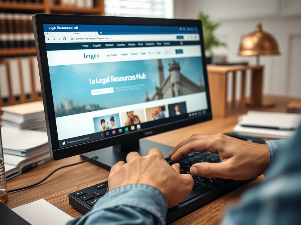 A close-up shot of a computer screen displaying the Legal Resources Hub website, with a person’s hands typing on a keyboard in the foreground. The background should include office elements like books and legal documents, emphasizing a professional and supportive environment.