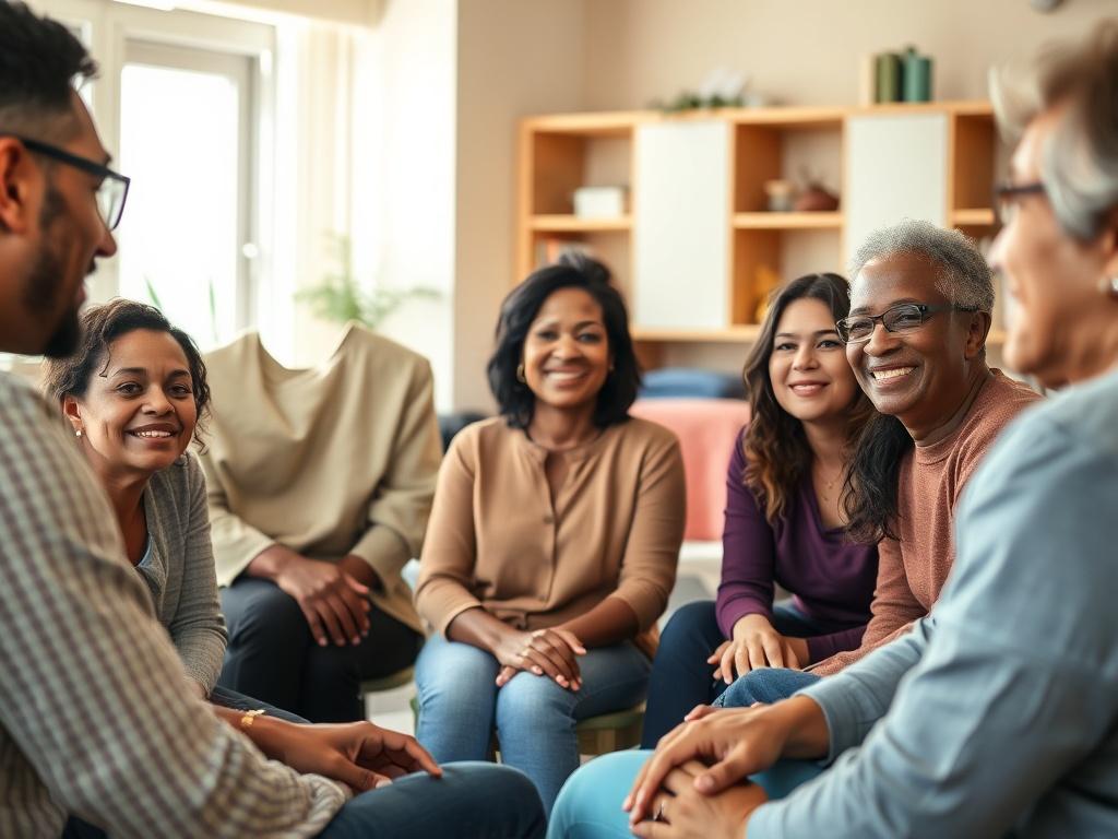 A close-up shot of a diverse group of individuals engaging in a support session, sitting in a circle, with expressions of hope and determination. The background should be a softly lit community center, emphasizing warmth and togetherness, with a focus on the interaction between participants.