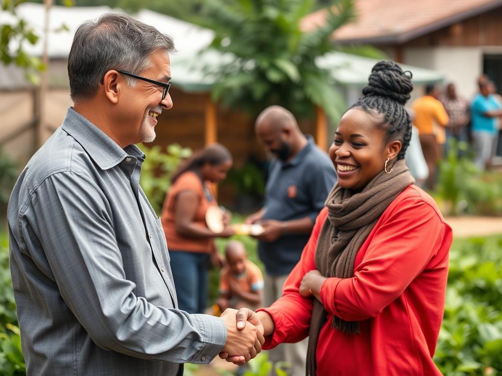 A close-up shot of a corporate leader shaking hands with a community organizer, both smiling, in front of a backdrop of a vibrant community project. The scene conveys collaboration and commitment to positive change, with greenery and people in the background engaged in various community activities.