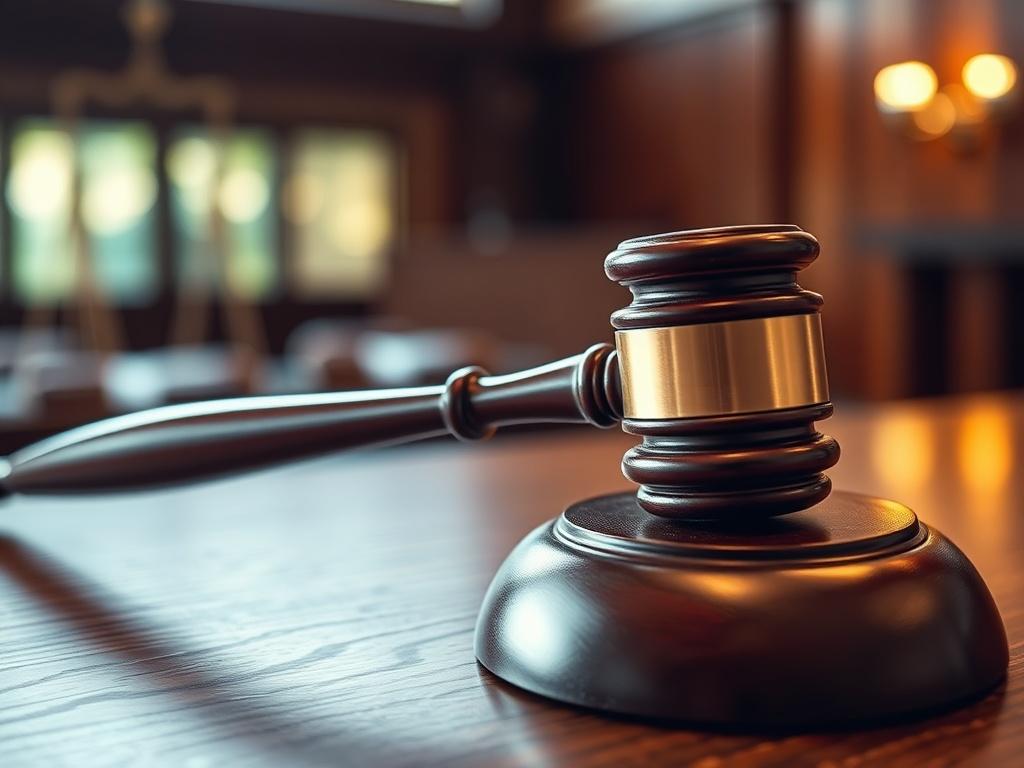 A close-up shot of a gavel on a wooden court desk, symbolizing justice and legal proceedings. The background should be softly blurred to emphasize the gavel, with warm lighting highlighting its polished surface. The image should reflect a serious tone, focusing on the importance of fairness in legal matters, suitable for a justice-focused organization.