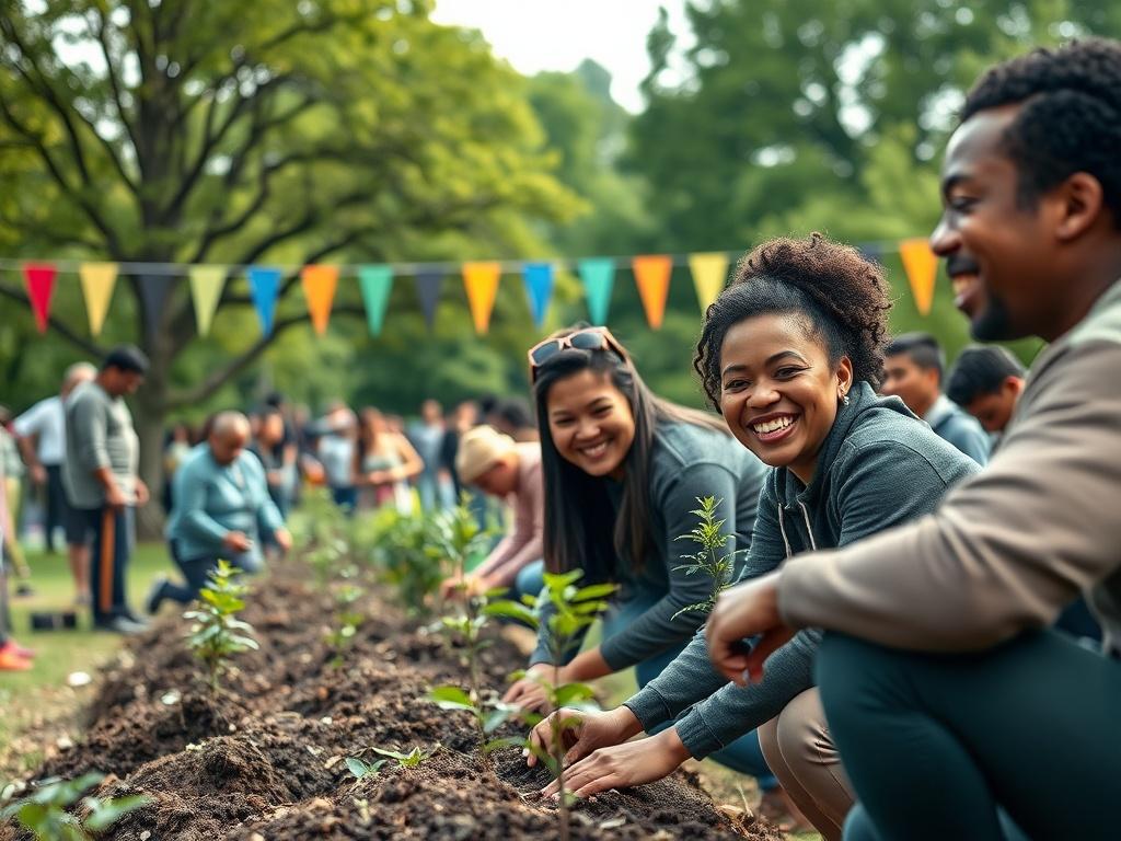 A vibrant image of a community gathering in a park, showing people engaged in various activities such as planting trees and participating in workshops. The background should include green trees and colorful banners, symbolizing community strength and resilience. The focus should be on the joyful expressions of individuals working together, representing the positive impact of redirected corporate fines on local communities.