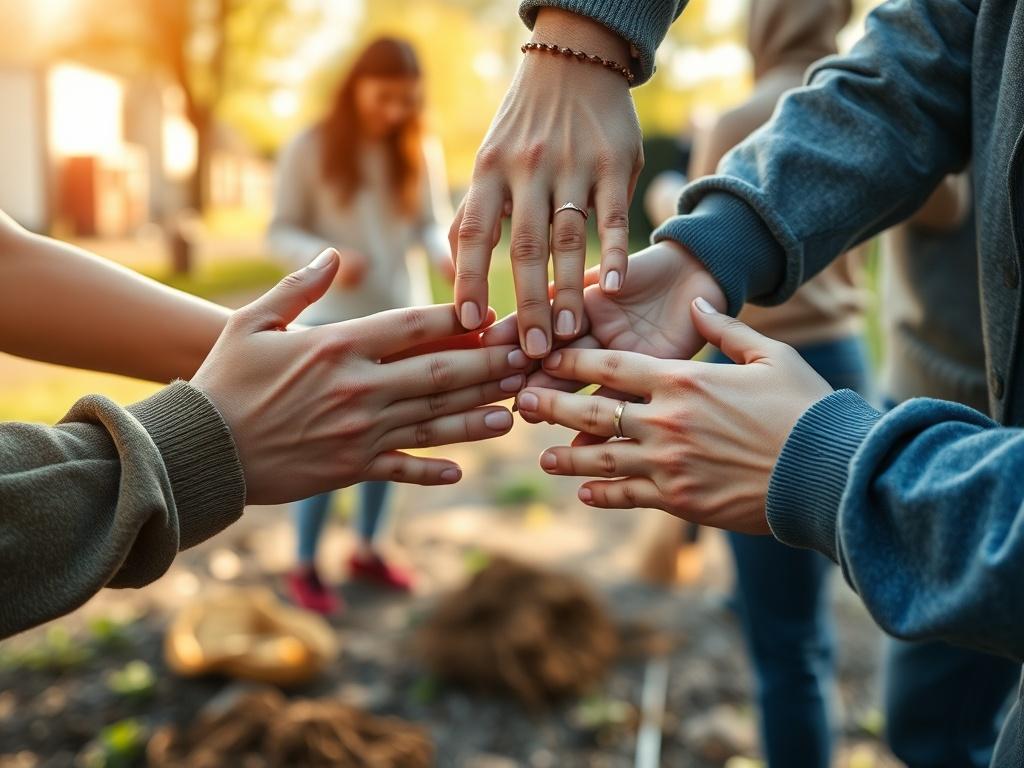 A close-up of hands together, forming a circle, symbolizing unity and collaboration. The background features a blurred scene of a community project in action, like a neighborhood clean-up. The lighting should be bright and hopeful, conveying the idea of collective effort and positive change. This image should resonate with themes of accountability and community support.