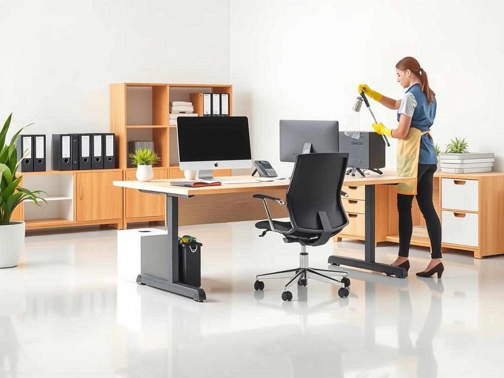 A professional office environment with a clean desk, organized files, and a pristine floor. A cleaning staff member is seen dusting a computer monitor and cleaning the desk area. The scene conveys a sense of efficiency and professionalism in a vibrant workplace.