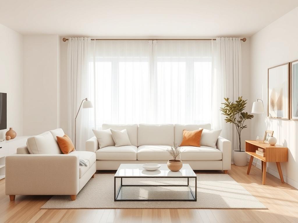 A clean, bright residential living room with natural light, showcasing a neatly arranged sofa, coffee table, and decorative items. The background has a window with curtains drawn back to let in sunlight. The scene should evoke a sense of freshness and cleanliness, with minimal decor and a tidy environment, emphasizing a welcoming home atmosphere.