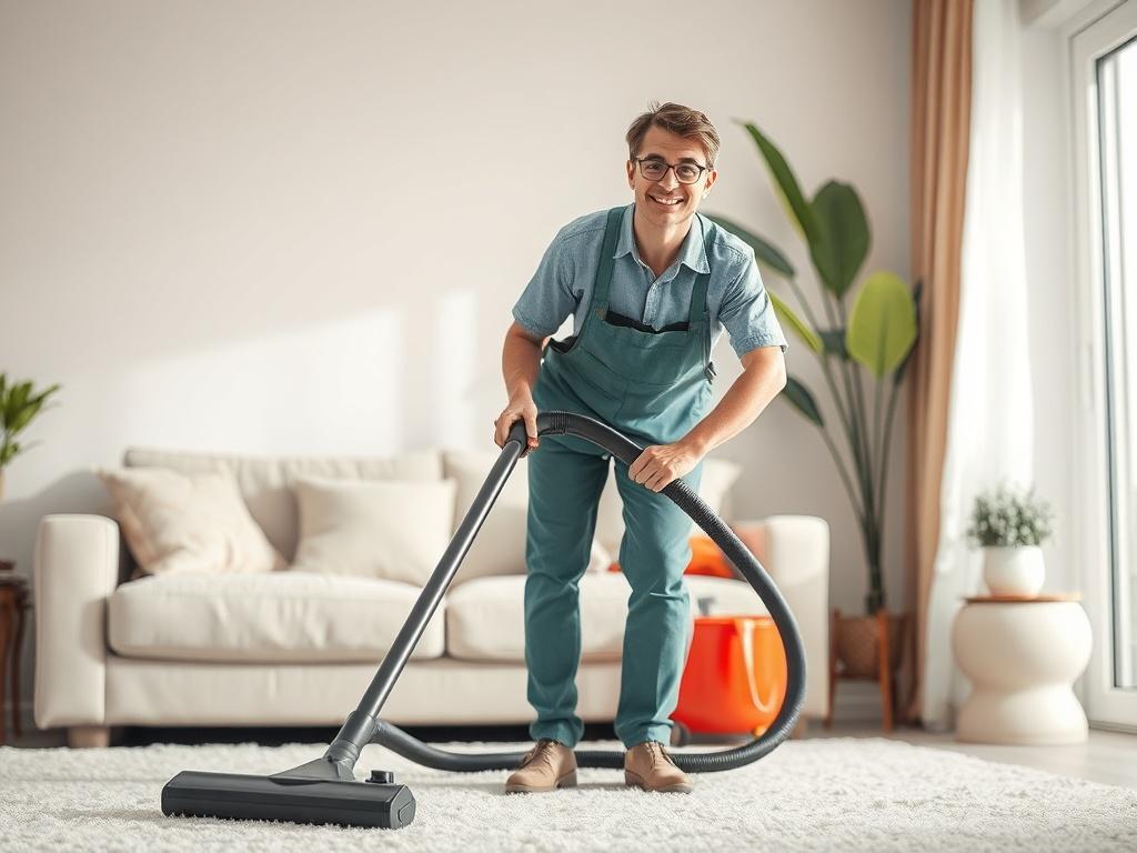 A high-resolution photo of a professional cleaner in action, using a vacuum cleaner on a well-organized living room. The cleaner is focused and smiling, showcasing a friendly demeanor. The background features a tidy room with light-colored walls, a comfortable sofa, and decorative plants. The lighting is bright and inviting, emphasizing cleanliness. The image should capture the essence of a clean and tidy home, invoking a sense of warmth and comfort.