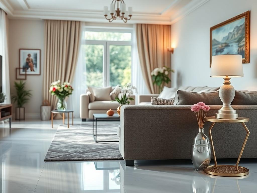 A hyper-realistic close-up shot of a beautifully cleaned living room, showcasing gleaming surfaces and a spotless floor. The composition should focus on a single well-decorated area with elegant furniture and fresh flowers, emphasizing cleanliness and attention to detail. The background should be softly blurred to enhance the main subject. The image should capture a warm and inviting atmosphere with natural light illuminating the space, compatible with the rgb(85, 141, 151) primary color.
