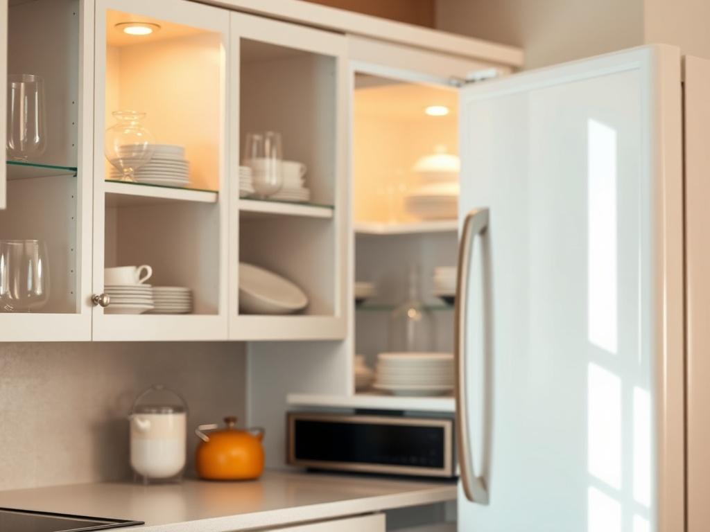 A hyper-realistic close-up shot of a sparkling clean kitchen with open cabinets showcasing neatly organized dishes and glassware. The refrigerator door is slightly open, revealing its pristine interior. The background is softly blurred to emphasize the cleanliness and organization of the kitchen, with warm natural light illuminating the scene, captured with a 45mm f/1.2 lens.