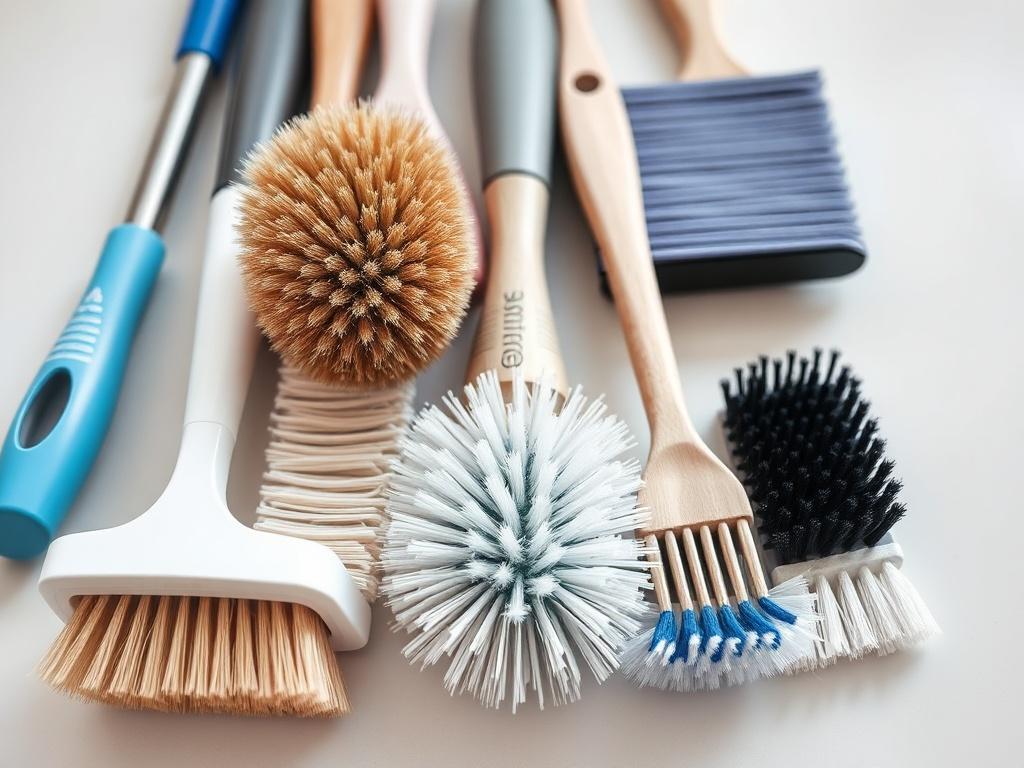 A high-resolution close-up shot of a set of various cleaning brushes arranged neatly on a light, clean surface. The brushes should include different types such as a scrub brush, a dust brush, and a toothbrush-style brush, showcasing their bristles and ergonomic handles. The background should be softly blurred to emphasize the brushes in the foreground, with a gentle focus on the textures of the bristles and handles. The primary color theme should be compatible with rgb(85, 141, 151).