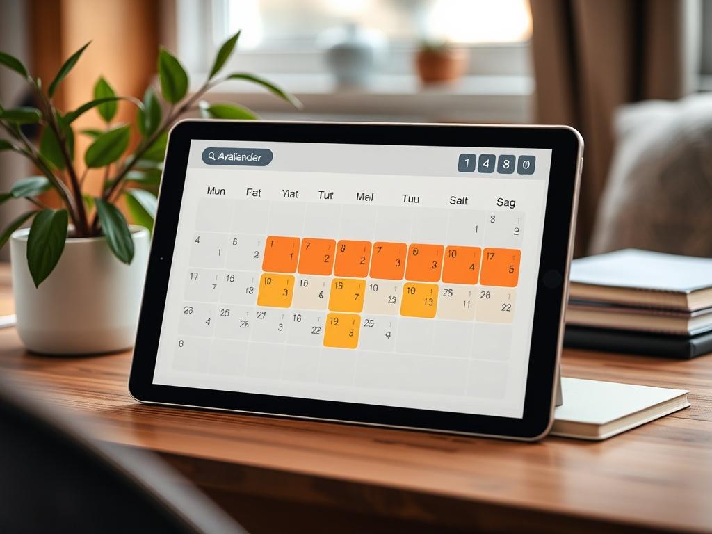 A screenshot of an interactive booking calendar displayed on a tablet in a cozy home office setting. The calendar shows available dates and times highlighted with a bright color. The background features a neatly organized desk with a potted plant and a notepad, creating a warm and inviting atmosphere that emphasizes convenience and modern technology.