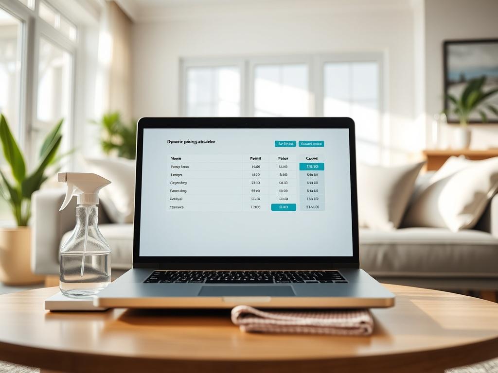 A clean and modern interface of a dynamic pricing calculator displayed on a laptop screen. The background shows a bright, airy living room with sunlight streaming in. The laptop is positioned centrally on a stylish coffee table, with a few cleaning supplies like a spray bottle and cloth nearby. The image should capture the essence of a fresh and inviting home environment.