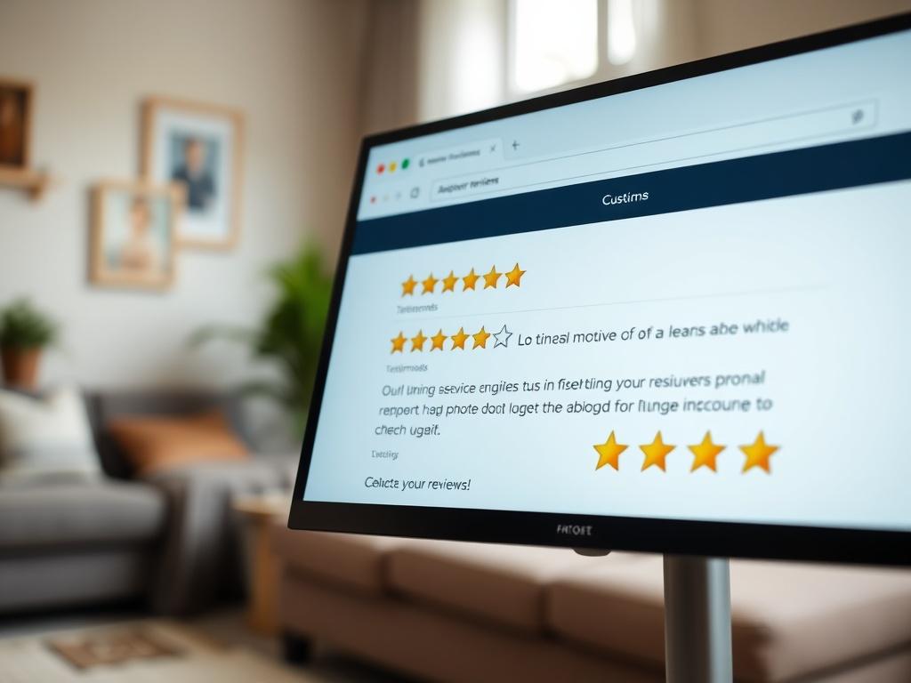 A visually appealing display of customer reviews on a website page. The screen shows star ratings next to glowing testimonials in a clean layout. The background is a home setting, subtly out of focus, with a hint of a well-cleaned living area to emphasize the quality of service. The image should convey trust and satisfaction.