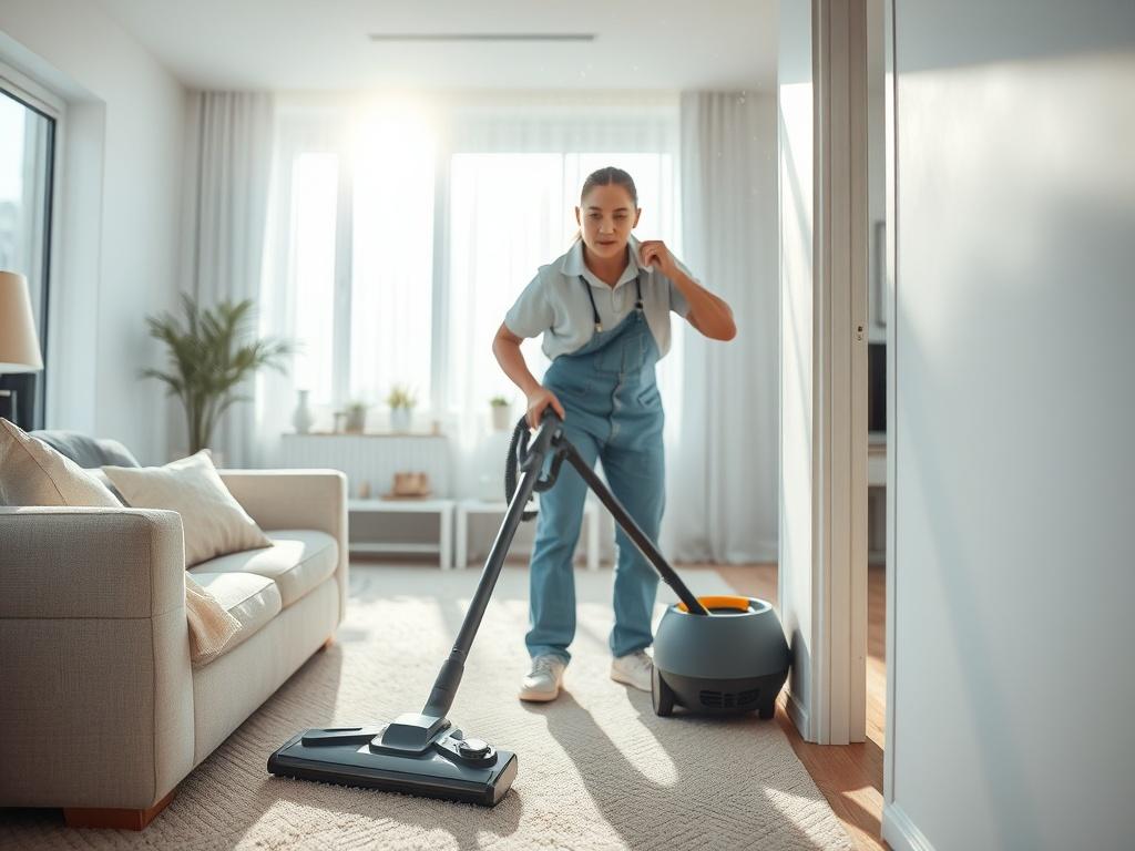 A hyper-realistic close-up shot of a professional cleaner in action, using a vacuum cleaner and cleaning supplies in a modern living room. The background features a bright and tidy space with sunlight streaming through the windows, highlighting dust particles in the air. The cleaner is focused on a hard-to-reach corner, showcasing attention to detail and professionalism. The color palette includes shades of light blue and white, enhancing the feeling of cleanliness and freshness.