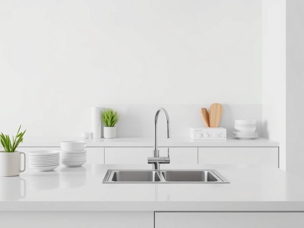 A high-resolution photo of a clean, sparkling kitchen showcasing a well-organized countertop, gleaming sink, and spotless appliances. The composition should focus on the kitchen area, emphasizing the cleanliness and freshness of the space. The background should be minimalistic with soft lighting, highlighting the surfaces without any clutter. The overall tone should convey a sense of cleanliness and order, with a focus on essential elements like clean dishes and shining surfaces.