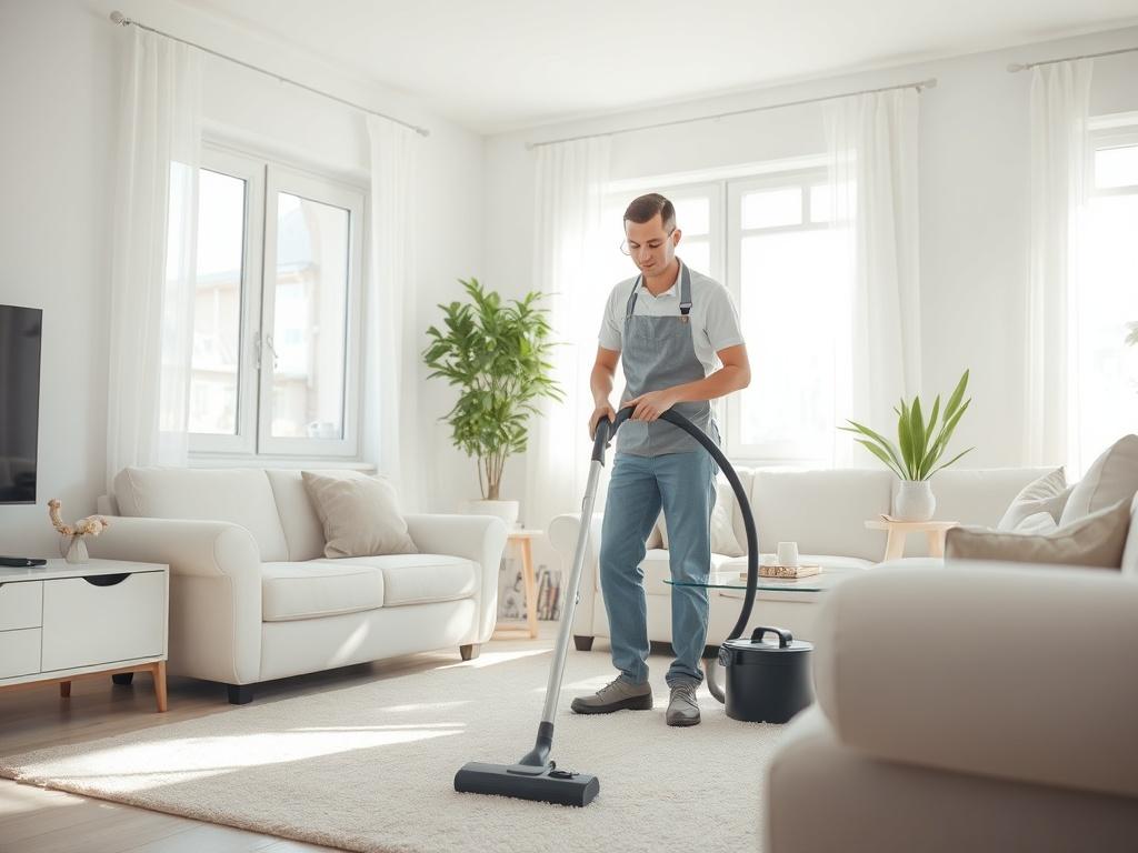 A realistic, high-resolution image of a professional cleaner in a bright, clean living room. The cleaner is using a vacuum cleaner, with sunlight streaming through the windows, illuminating the tidy space filled with light-colored furniture and decorative plants. The focus should be on the cleaner and the pristine environment, with a simple and clear composition that emphasizes cleanliness and professionalism.