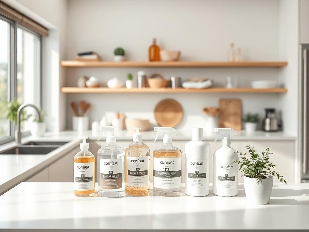 A modern kitchen with natural light, showing non-toxic cleaning products on the counter. The products are displayed in a minimalist style with clean lines and neutral colors. The background includes a bright, organized kitchen space, emphasizing cleanliness and eco-friendliness.