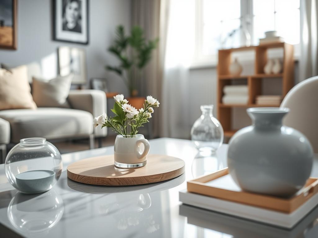 A hyper-realistic close-up shot of a beautifully cleaned living room featuring a couch, coffee table, and decorative elements. The room is well-lit, showcasing sparkling surfaces and tidy arrangement. The background includes soft light streaming through a window, illuminating the cleanliness and freshness of the space. The color scheme should incorporate the primary color rgb(85, 141, 151) subtly through decorative items.