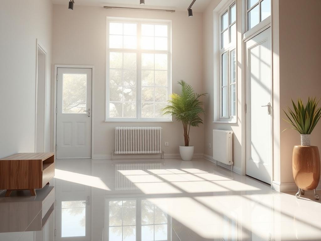 A hyper-realistic close-up shot of a sparkling clean empty apartment with sunlight streaming through windows, showcasing spotless floors and surfaces, photographed with a 45mm f/1.2 lens. The atmosphere should feel welcoming and fresh, emphasizing a new beginning.