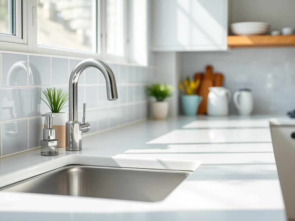 A hyper-realistic close-up shot of a clean kitchen countertop with gleaming surfaces, including a sink and neatly arranged items, shot with a 45mm f/1.2 lens. The scene should convey freshness and cleanliness, with natural light enhancing the bright colors, predominantly white and sky blue.