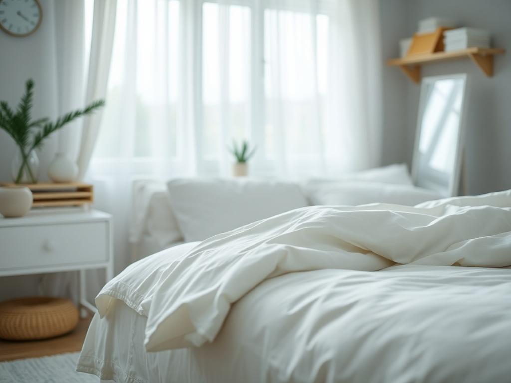 A hyper-realistic close-up shot of a beautifully organized bedroom with pristine bedding and clear surfaces, taken with a 45mm f/1.2 lens. The image should evoke a sense of tranquility and order, using light colors to enhance the visual appeal.