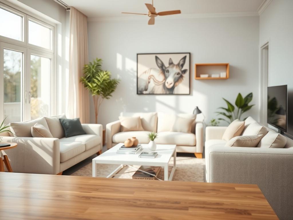A hyper-realistic close-up shot of a freshly cleaned living room with tidy furniture and polished surfaces, captured with a 45mm f/1.2 lens. The colors should be light and airy, focusing on a serene atmosphere with natural light illuminating the space.