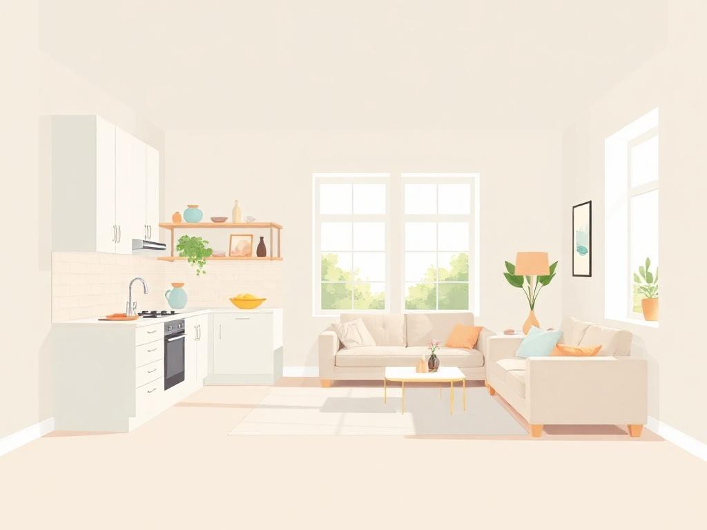 A serene and inviting space showcasing a spotless kitchen and living room. The kitchen features gleaming countertops and organized cabinets, while the living room has a clean, open layout with a cozy sofa and bright natural light coming through the windows. The background should be minimalistic and pastel-colored, emphasizing cleanliness and comfort.