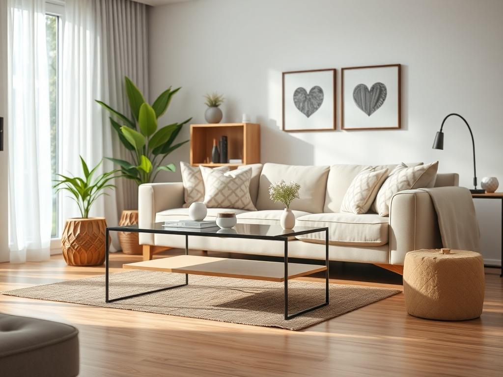 A realistic high-resolution photo of a cozy and inviting home interior, showcasing a well-lit living room with soft furnishings, a clean and polished floor, and a touch of greenery. The composition should focus on a comfortable sofa with decorative cushions and a stylish coffee table, creating a warm atmosphere. The background should include a window allowing natural light to flood in, highlighting the cleanliness and freshness of the space. The colors should be warm and inviting, compatible with the primar
